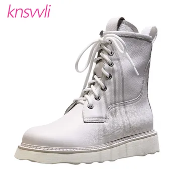

New Genuine Leather Lace Up Women Motorcycle Boots Keep Warm Furs Snow Boots Woman Round Toe Thick Sole Platform Winter Booties