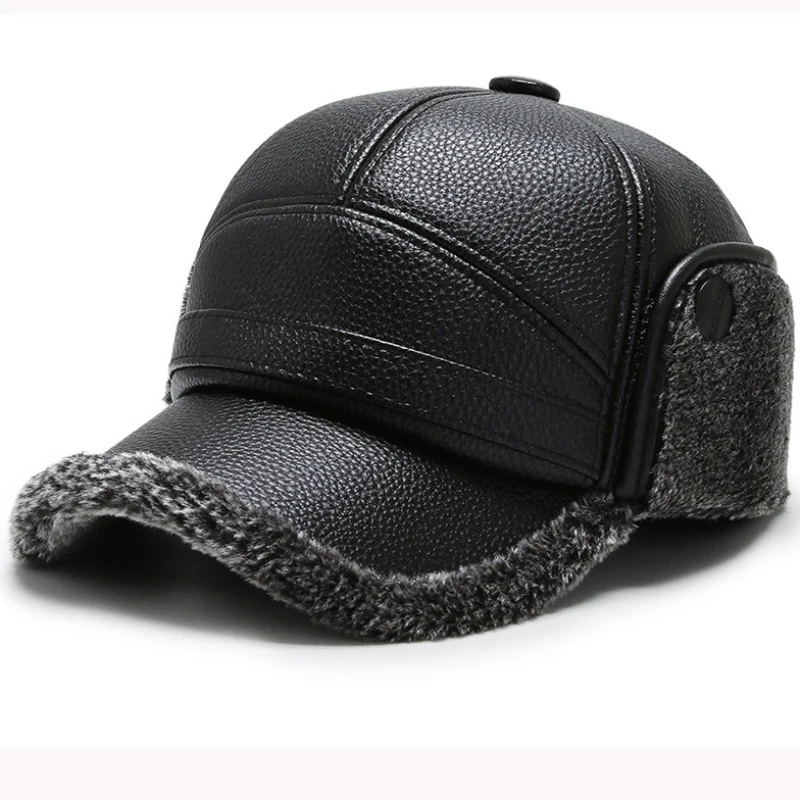 

PU Leather Baseball Cap Men Thick Warm Winter Fur Cap Father Grandfather Dad Hat Male Windproof Earflap Cap Men Baseball Hat