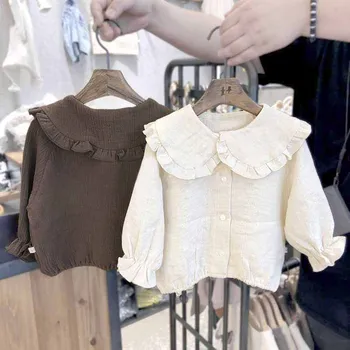 

WLG spring autumn girls shirts kids solid beige brown peter pan collar long sleeve shirt baby girl casual all match tops