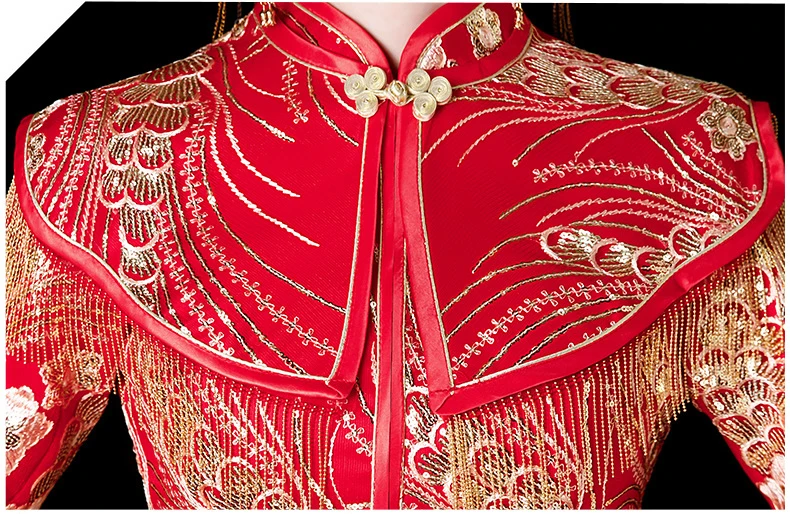 Красное свадебное платье Cheongsam с блестками и цветами в винтажном китайском стиле; торжественное платье в сеточку; костюм невесты; традиционный костюм в стиле Тан с вышивкой; Qipao