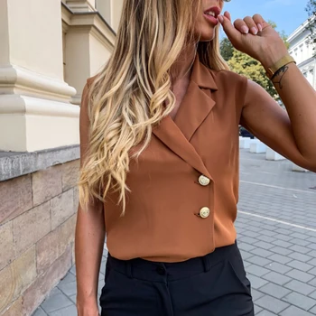 

Spring Elegant Sleeveless Women's Blouses Fashion Vintage Turn-down Collar Casual Shirt For Office Ladies D30