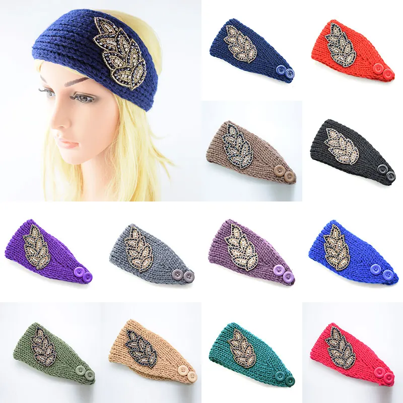 

Leaves Winter Rhinestone Knitted Headband For Women Girl Turban Hairband Headwrap Warmer Ear Wide Bandage Hair Accessories