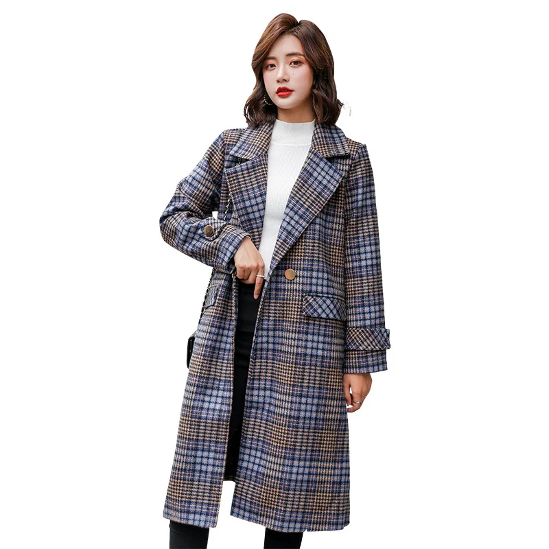 

U-SWEAR Tartan Wool Coat Female Long Section Korean 2019 New Autumn and Winter Models Slim Waist Check Woolen Coats