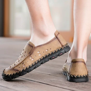 

New Arrival Harajuku Handmade Casual Shoes Fashion Men Leather Beach Sandals Summer Outdoor Sneakers Male Walking Travel Shoes