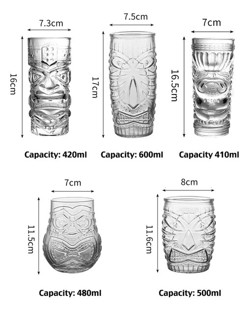 Set Di 6 Bicchieri Tiki In Vetro Senza Piombo - 400ml Per Cocktail Tropicali E Drink Esotici