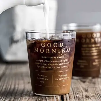 

400ml Transparent Breakfast Glass Cup Gold Letter Printing Coffee Mug Milk Juice Flower Tea Cup Creative Home Office Drinkware