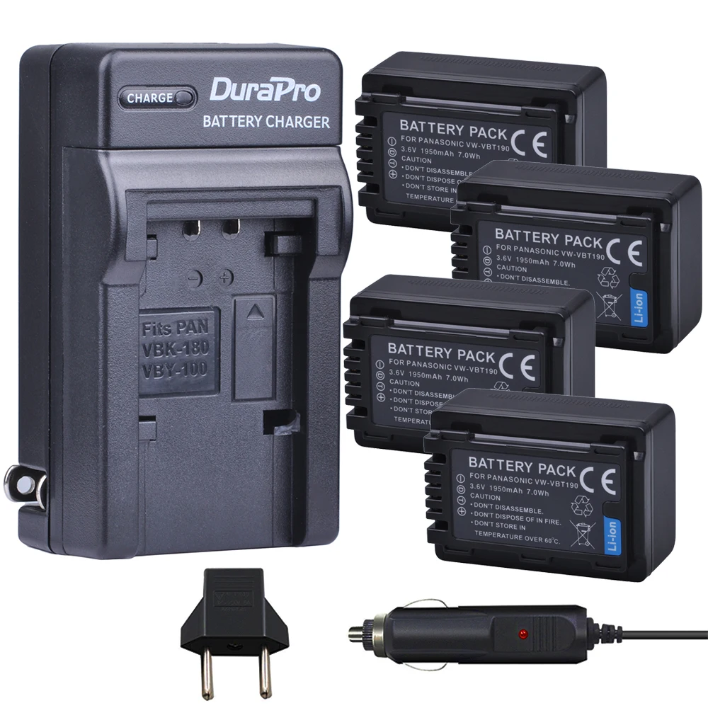 Durapro 4Pc Vw-Vbt190 Vbt190 Batteria + Caricabatteria Da Auto Per Panasonic Hc-V110 Hc-V130 Hc-V160 Hc-V180 Hc-V201 Hc-V210 Hc-V230 Hc-V250