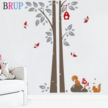 

Cartoon Animals Tree Wall Stickers for Kids Room Lovely Squirrels Birds Home Decor Art Birdcage Wallpaper Creative Wall Decals
