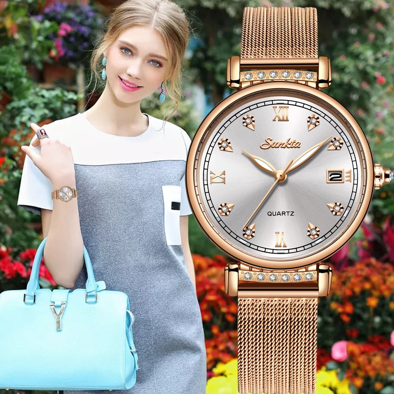 SUNKTA, женские часы, качественные, нержавеющая сталь, ремешок, Япония, кварцевый механизм, водонепроницаемые, для женщин, все розовое золото, женские Роскошные наручные часы