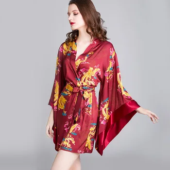 

Print Flower Womens Kimono Gown Bride Wedding Robe Flare Sleeve Bathrobe Sexy Loose Lounge Female Lingerie Spring Nightwear