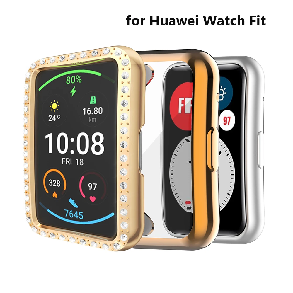 화웨이 워치용 TPU 케이스 커버, 블링블링 스마트 워치 핏, 럭셔리 프레임 프로텍터, TIA-B09 액세서리, 로즈 골드