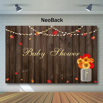 

Rustic Wood Baby Shower Backdrop Autumn Maple Leaf Sunflower Background Photography String Light Baby Shower Photo BackGground