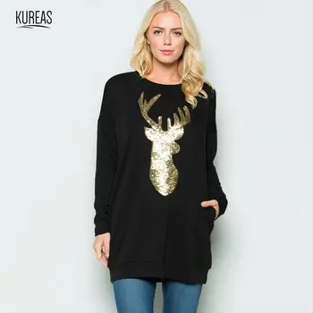 

Kureas Christmas Knitted Sweatshirt Women Winter Autumn Fashion Sequin Pullover Casual Long Jumpers Side Pocket