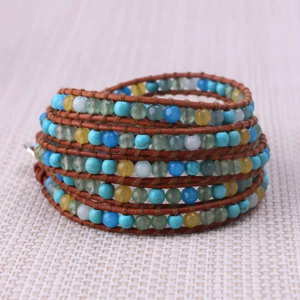 

KELITCH Designer Bracelets Quartz Beads 5 Strands Weave Leather Wrap Bracelet Multilayers Natural Stones Bracelet Leather Bijoux
