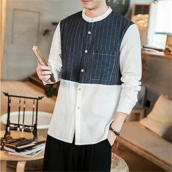 

Camisa Masculina High Quality Vintage Men Breathable Classic Shirt 2019 Summer Stripe Splice Long Sleeve Men Shirt Dress Shirt