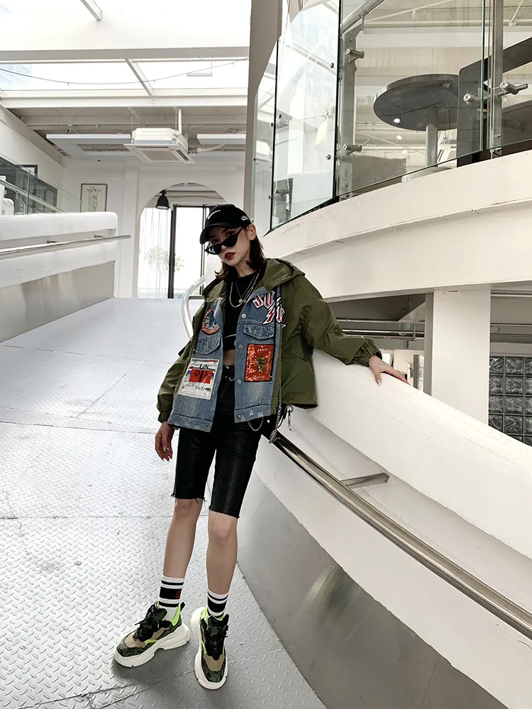 Women Army green New sequined letter badge hooded jacket female loose Jacket Casual Long sleeve Coat fashion Outerwear tops