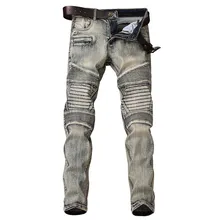 KIOVNO мужские байкерские джинсы в гармошку брюки винтажные Стрейчевые джинсовые брюки мужские модные дизайнерские