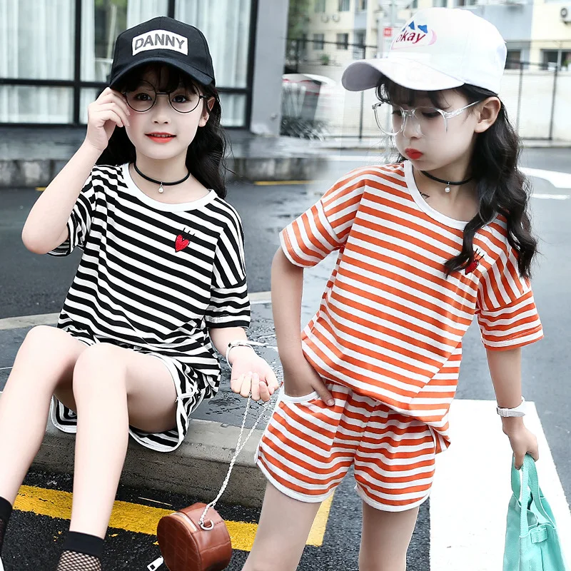 Children Striped T-Shirt+ Shorts 2 Pcs Clothing Set Girls Cotton Soft Clothes Suits Baby Girl Summer Loose Outfits AA11758