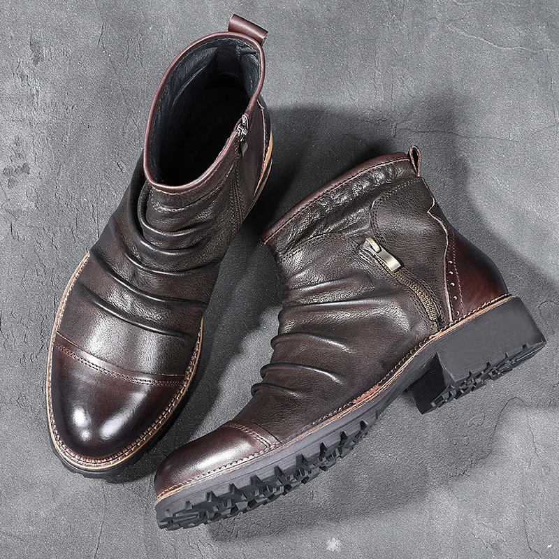 Chelsea Boots Men Leather Boots Business Mens Boots Yomior New Fashion Vintage British Men Leather Shoes Casual Round Toe Zip Ankle Boots Spring Autumn Business Dress Chelsea Boots
