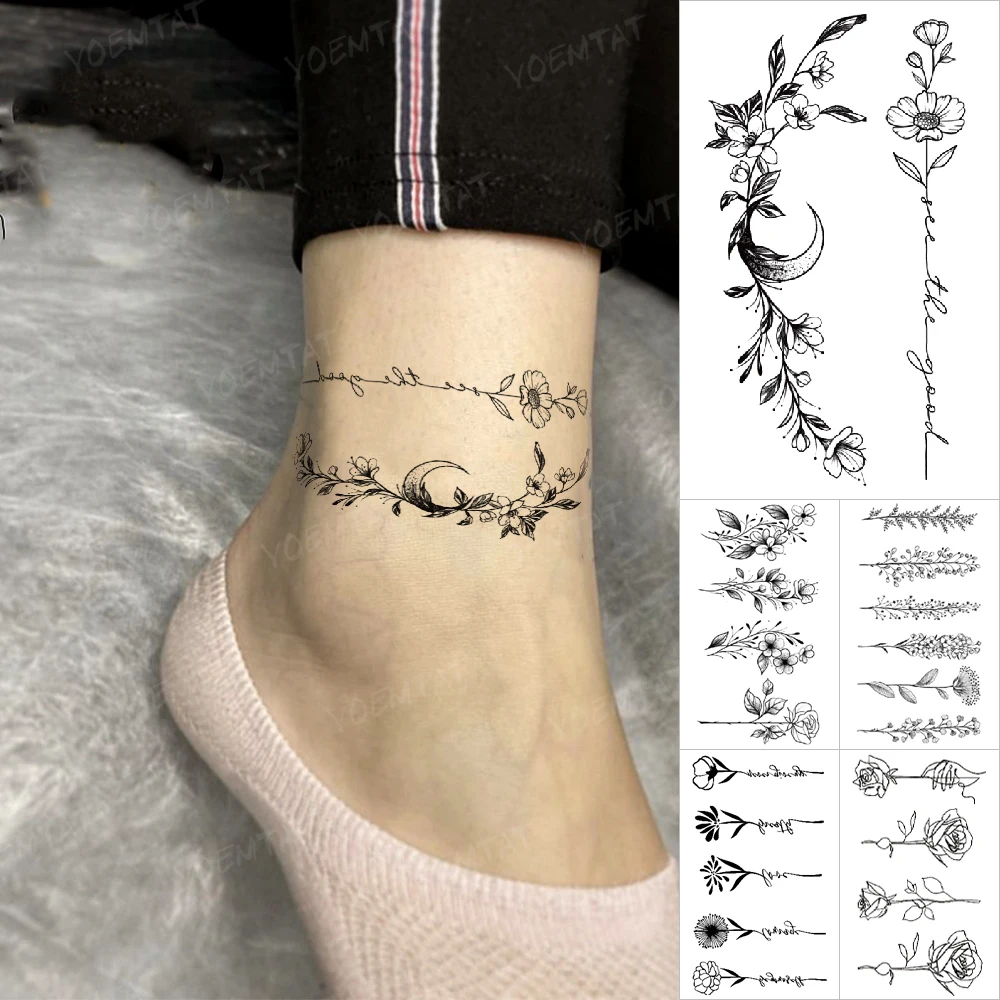 Tatouage Femme Cheville Fleur Tatoo autocollant temporaire à fleurs pour femmes, imperméable, lettrage de  cheville, faux tatouage noir, jambe, main, hommes femmes, paillettes,  tatouages d'art corporel | AliExpress