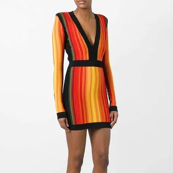 

Wholesale 2019 autumn New woman's dress Jacquard long sleeve V-neck Sexy celebrity cocktail party bandag dress