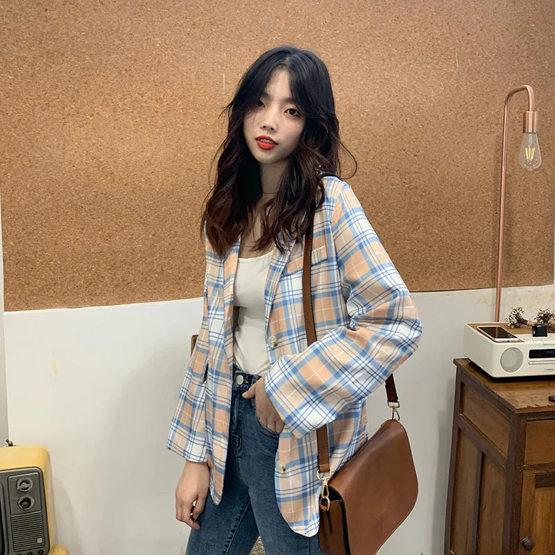 

Autumn New Style Retro Versatile Small Suit Coat Female Suit Contrast Color Pattern Tops