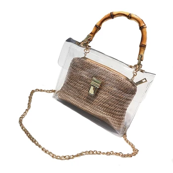 

Transparent Bag For Women Handbag With Bamboo Handle Summer Small Chain Crossbody Bags Ladies Straw Beach Bags(Khaki)