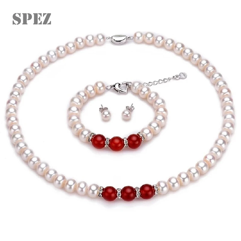 

2019 Fashion Necklace Pearl Jewelry Set Natural Freshwater Pearl 925 Sterling Silver Bracelet Earrings Necklace For Women