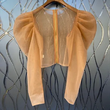 

Summer Apricot Black Shirts Casual Sexy Mesh Tops Female Sexy Blouses Women Crystal Beading Deco Elegant Crop Tops