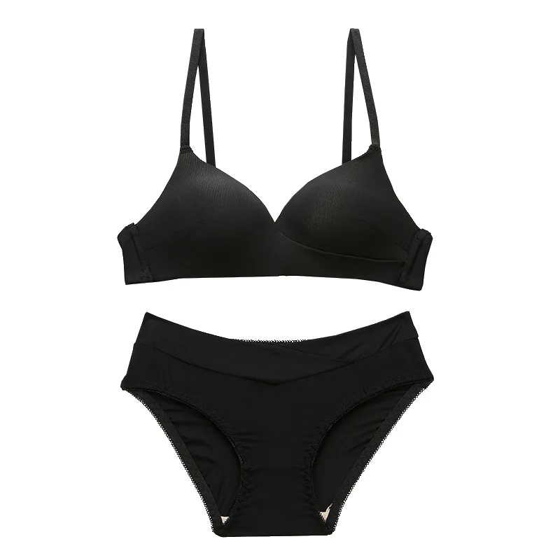 Black Set Желтое французское треугольное нижнее белье, сексуальное женское нижнее белье с маленькой грудью, комплект с бюстгальтером, ультратонкое дышащее нижнее белье, пуш-ап бюстгальтер, трусы, набор, 6 цветов - Цвет: Black Set