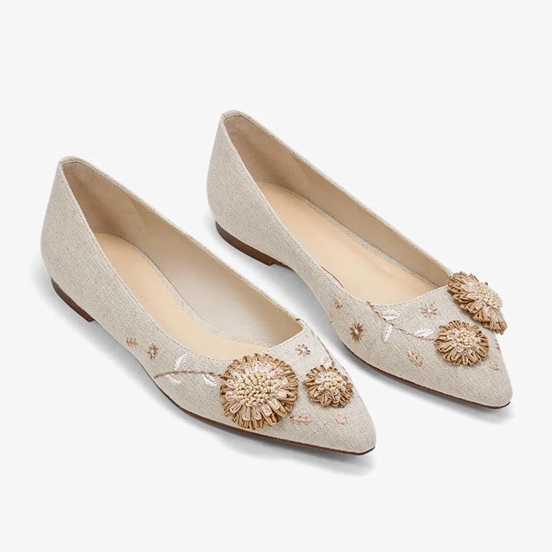 Women pointed Flats Flower Slip On Cotton Fabric Linen Comfortable Women applique Ballerina Flat Shoes Sapato Feminino