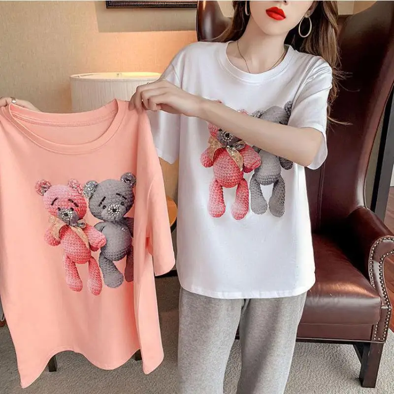 

Summer Clothes White Heavy Industry Flash Big Nail Bead Cartoon Bear Loose Tops Age Reducing Cotton Short Sleeve T Shirt Women