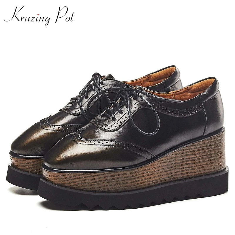 

Krazing pot genuine leather square toe waterproof high heels cross-tied gradient color wooden wedges handmade Autumn pumps l37