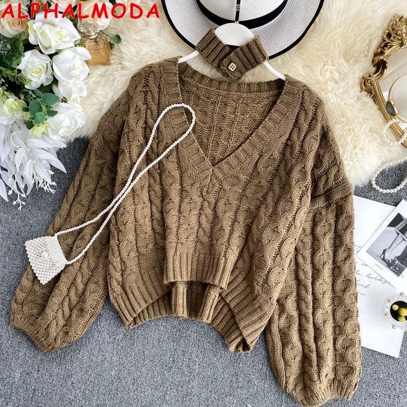 ALPHALMODA Модный женский свитер с воротником-хомутом пуловер вырезом в виде буквы V