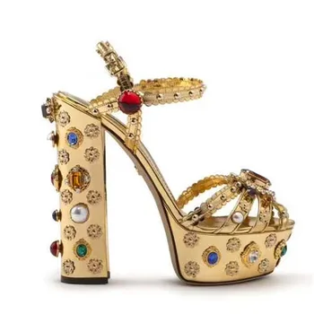 

Round toe golden leather high-heeled rhinestone embellished high-heeled sandals summer designer shoes female wedding shoes