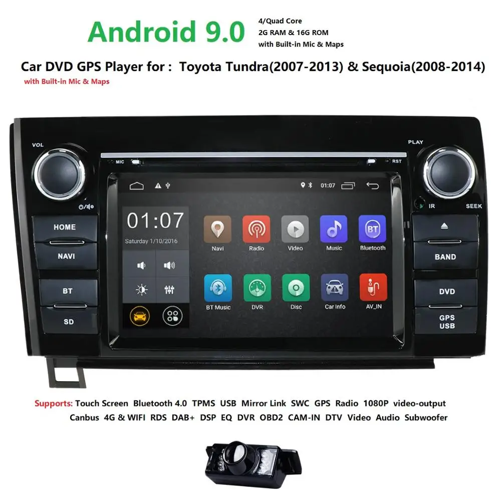 Для Toyota Tundra 2007-2013/Sequoia Стерео gps Navi Android 9,0 Автомобильный gps DAB+ SWC RDS DVR DVBT 4G wifi CAM карта четырехъядерный 2 грамма