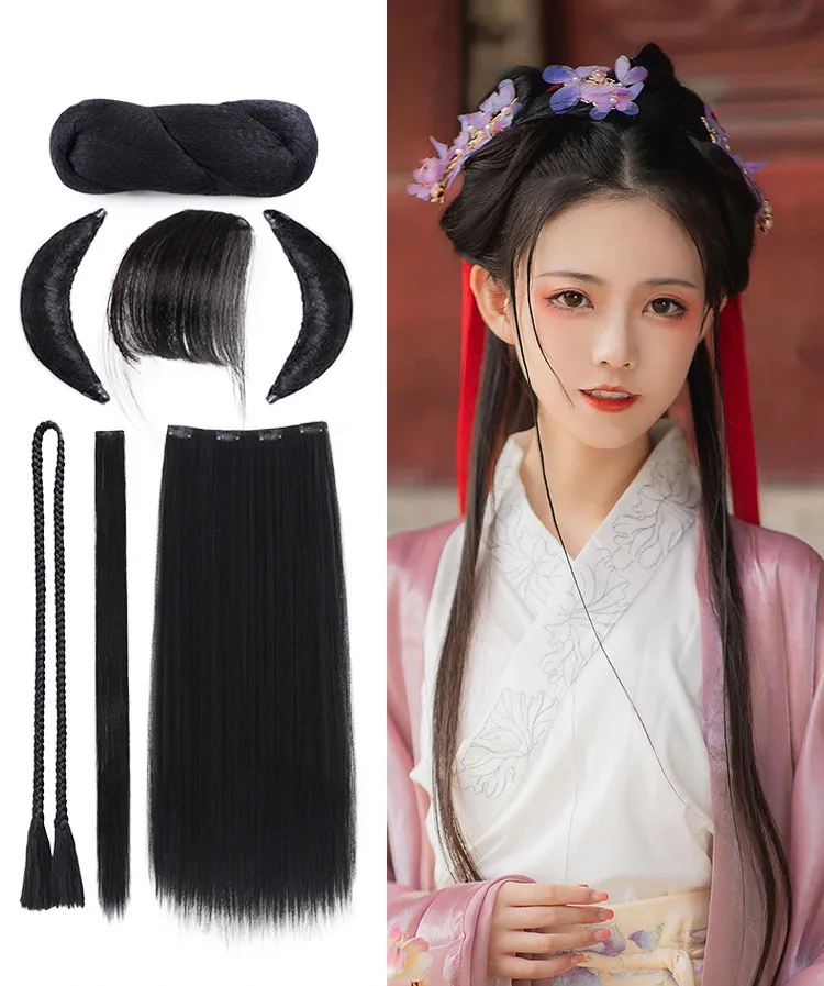 

2022 chinese hanfu hairwear wig plait croissant style wig for woman hair pad of material ancient costumes cosplay wig