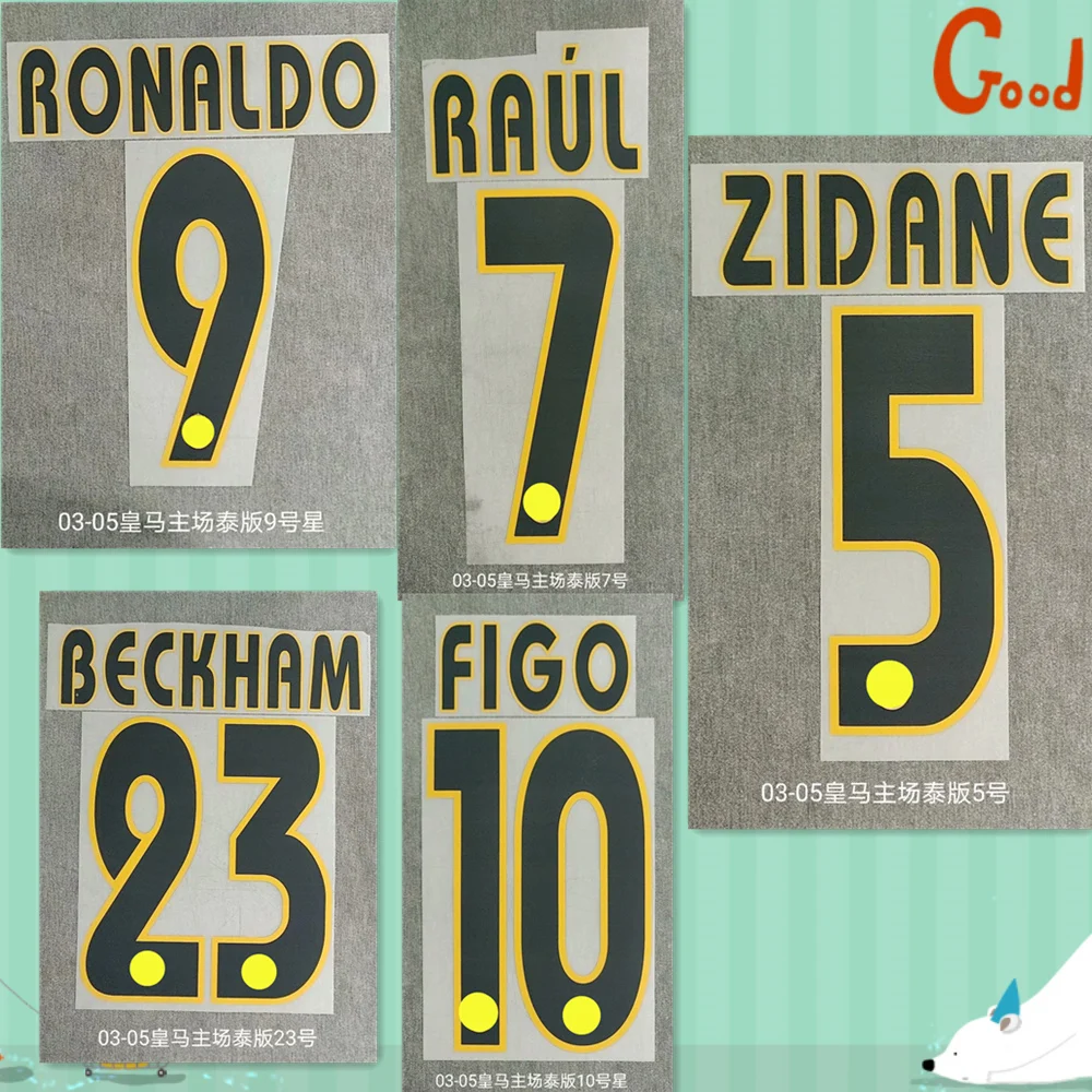 2003-2005 Beckham Figo Zidane Raul Ronaldo Nameset с цифровым принтом нашивки для горячего тиснения