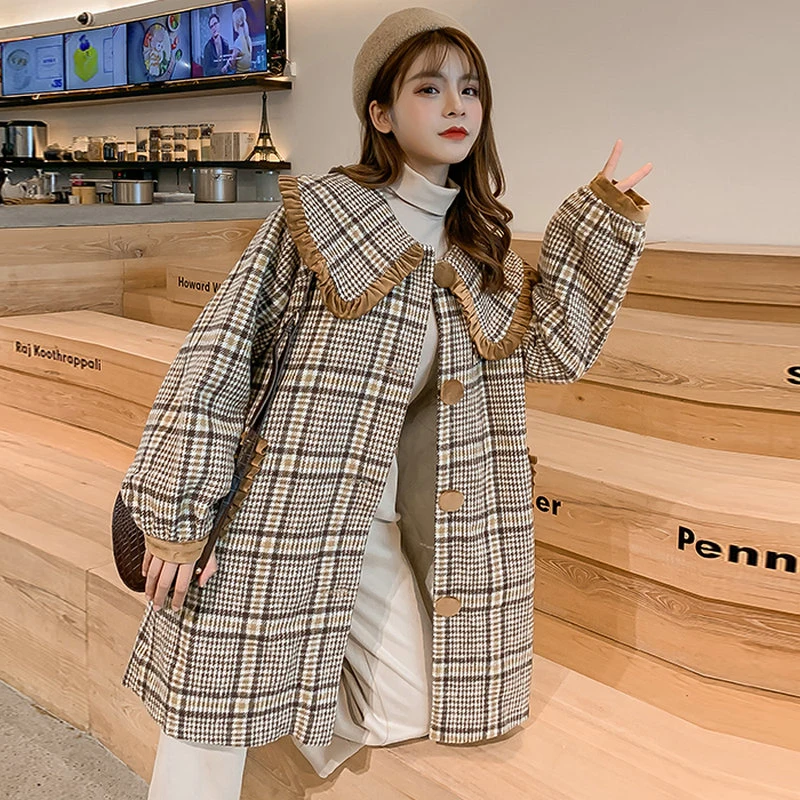 Autumn Winter Women Tweed Coats Peter Pan Collar Single-breasted Khaki Checked Overcoat Womans Plus Size Wool Blend Outerwear