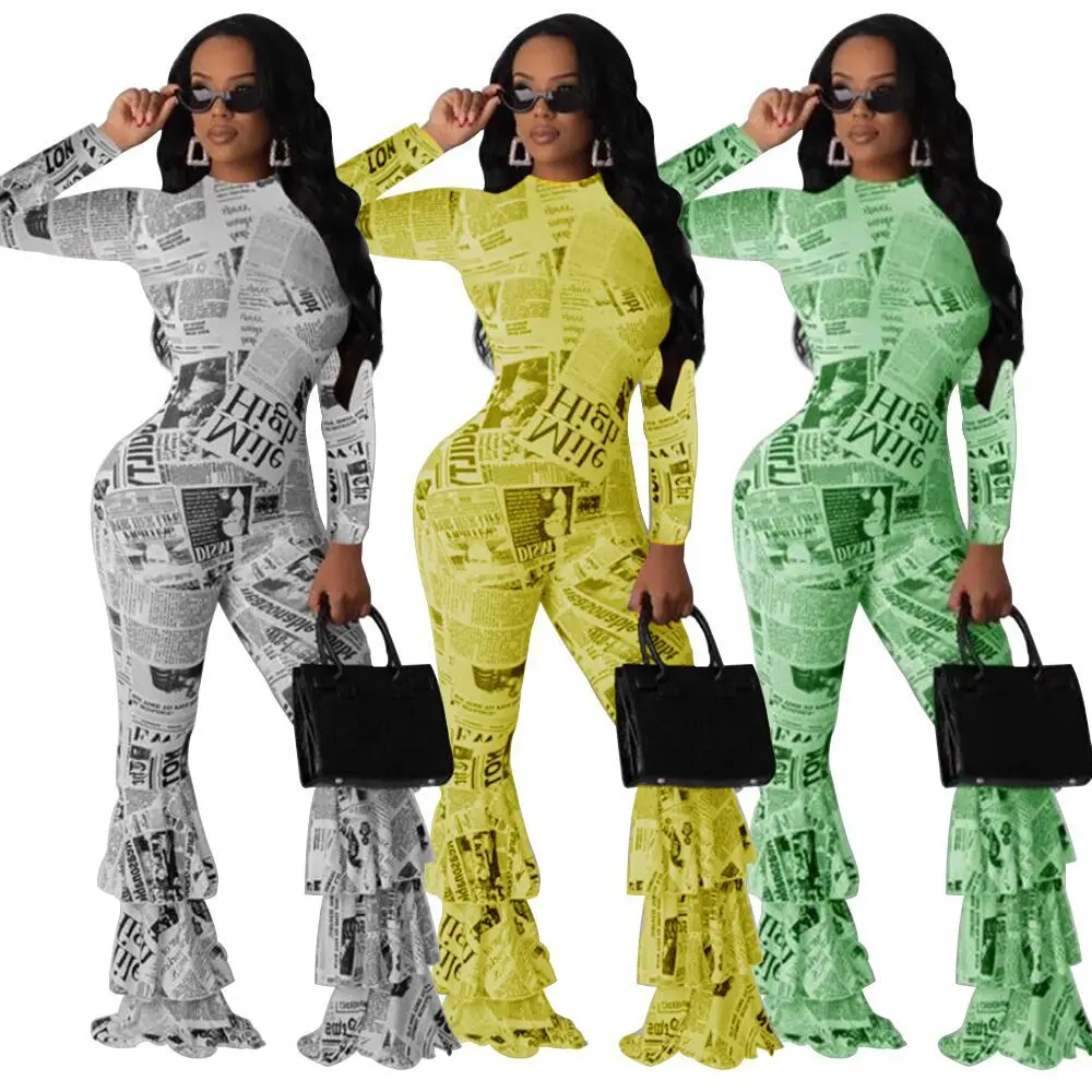 GL женский зимний комбинезон Осенний с принтом газет длинным рукавом о образным