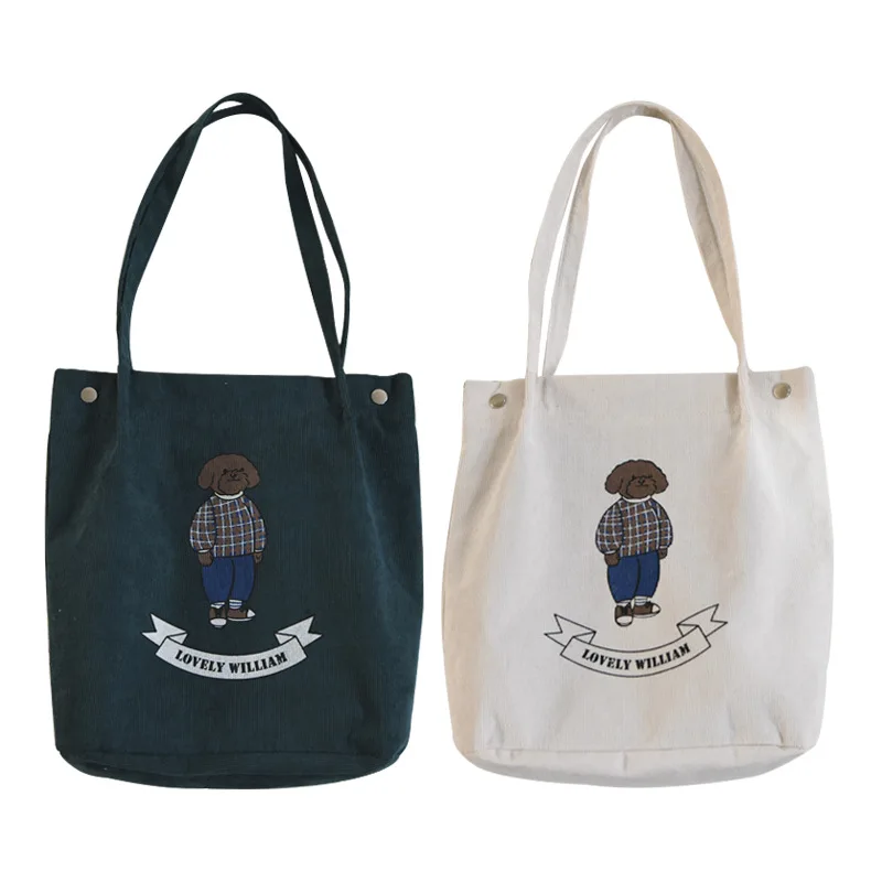 Corduroy eco sacola de compras ombro impressão urso 5 cores para escolher cy