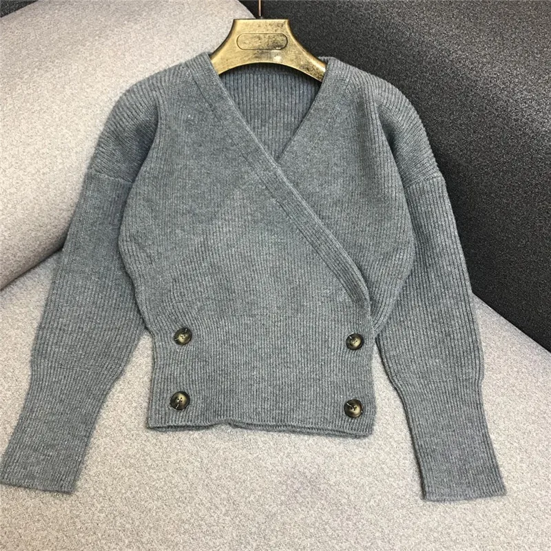 

Cross V-neck Sweater Female Stacked Waist Double-breasted High-Waist Sweater Women's Sweaters Grey Truien Dames Sweter Nancylim