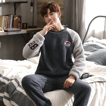 

2020 Winter Thick Warm Flannel Long Sleeve Pajamas Sets for Men Coral Velvet Sleepwear Suit Pyjamas Lounge Homewear Home Clothes