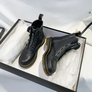 

Zip Front Lace Up Short Boots Women Real Leather Platform Chelsea Boots Black Fashion Round Toe Fashion Ankle Bota Feminina