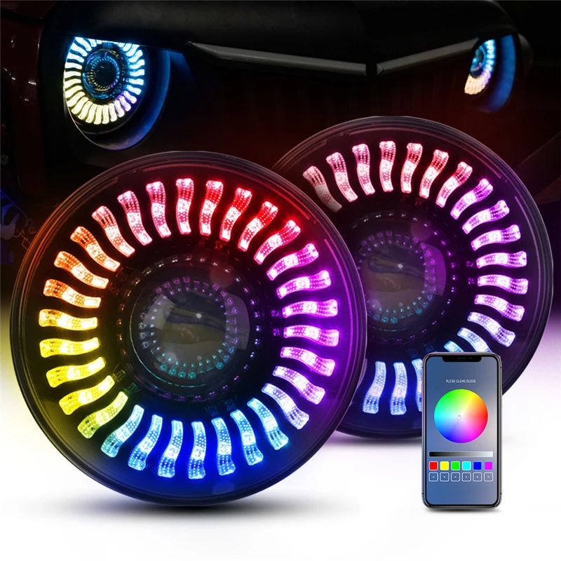 MICTUNING 7 дюймов светодиодный светильник с двойным лучом с RGB плавный светильник Halo ангельские глазки DRL Bluetooth управление для Jeep Wrangler JK LJ TL - Испускаемый цвет: RGB