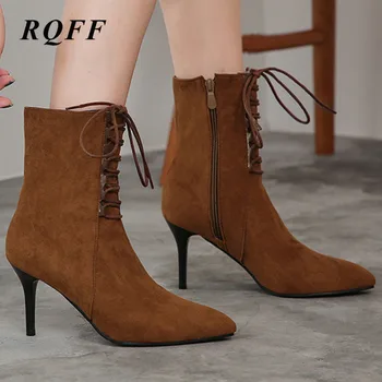 

2019-2020 Ankle Boots Women Plus Size 45 46 Fashion New Autumn Thin High Heel Shoes Woman Lace Up Handmade for Black Brown Solid