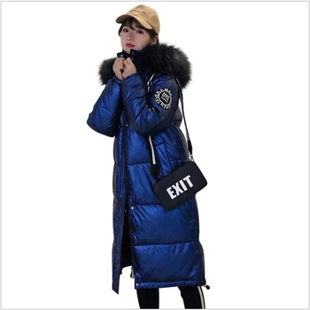 

High Quality 2019 New Winter Jacket Women Warm Thicken Hooded With Fur Long Coat Shining Fabric Stylish Female Parka F125