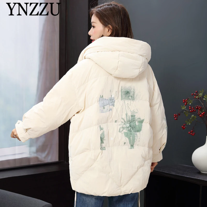 

2019 Winter Print Women down jacket Oversized Hooded warm Female down coat Long sleeve Thick loose zip Outwear Chic YNZZU 9O025