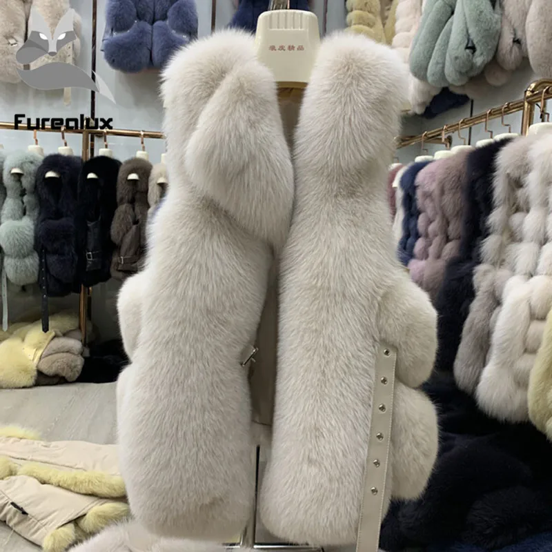80 см настоящий натуральный меховой жилет женская шуба из лисьего меха 2019 Новая