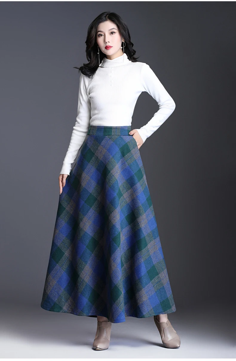 High Waist Woolen Skirts Women Winter Fashion Streewear Wool Long Pleated Skirt Casual Ladies Saia Longa Plaid Female Skirt